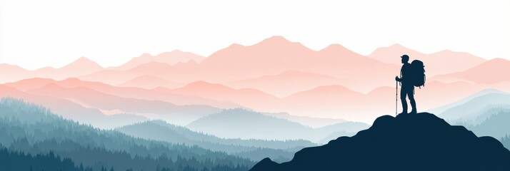 Aufkleber - Hiking silhouette on a mountain ridge during sunrise with open space for text. Generative AI