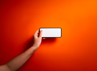 Aufkleber - Hand holding a smartphone with a white screen is presented against a bright orange background in a top-down studio shot. The scene is minimal and focuses on the device.