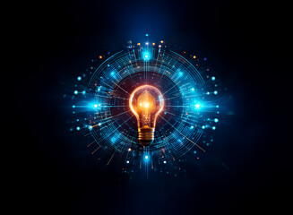 Poster - A glowing light bulb surrounded by digital, circular elements on a dark background. It evokes concepts of bright ideas, technological innovation, and futuristic connections.