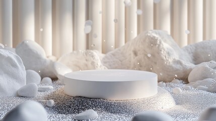 Poster - A podium surrounded by sparkling pebbles and rocks, creating a sophisticated and elegant showcase for cosmetic products, with a touch of glamour.
