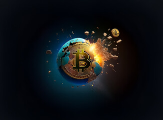 Poster - Digital globe with Bitcoin symbol is breaking apart with bright light and fragments against a dark backdrop, representing volatility.
