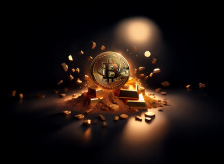 Poster - A shiny gold bitcoin coin surrounded by gold bars and dust is illuminated against a dark background, representing digital currency and wealth.