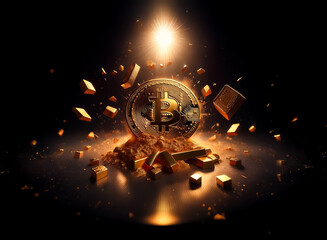 Poster - Golden bitcoin coin surrounded by gold bars and dust particles in a dark setting with a bright spotlight effect. Wealth and digital currency concept.