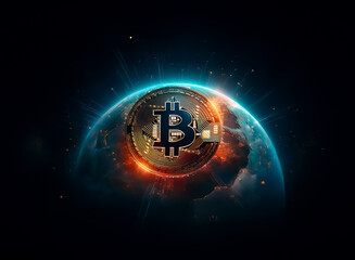 Poster - Bitcoin symbol overlaying a digital globe against a dark space background. It represents modern, futuristic, and global digital currency technology.