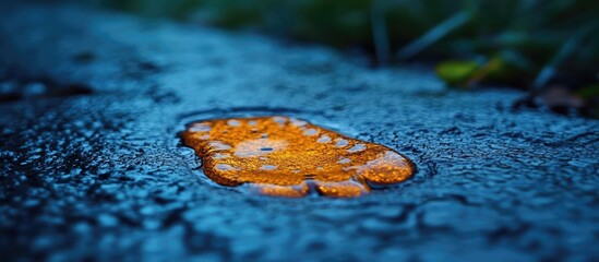 Poster - Wet footprint on concrete surface showcasing vibrant colors and reflections from surrounding environment in a moody outdoor setting.