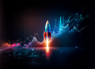 Poster - A rocket launches upwards, symbolizing financial growth against a backdrop of glowing stock market charts, representing progress and investment success.