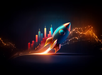 Aufkleber - Rocket takes off against financial graphs, illustrating rapid business expansion and market success in a vibrant, dynamic scene.