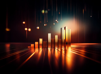 Aufkleber - Abstract golden bars ascend in a row on a reflective surface, illuminated by streaks of light against a dark backdrop, creating a sense of growth and progress.