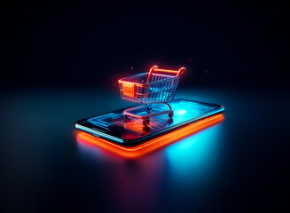 Poster - A vibrant neon shopping cart rests on a glowing smartphone screen, symbolizing digital retail and online purchasing in a futuristic and modern style setting.