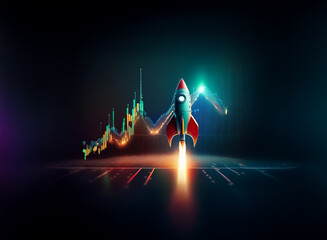 Poster - A rocket launches upwards, symbolizing financial growth against a backdrop of a vibrant stock market chart, indicating progress and investment success.