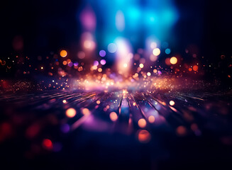 Poster - Abstract blur of city lights at night. Bokeh effect with dark blue, purple, and orange colors creates a festive and dreamy atmosphere.