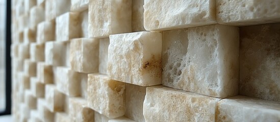 Aufkleber - Textured wall of light-colored bricks showcasing natural stone patterns and modern design elements in an elegant interior setting.