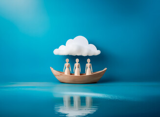 Aufkleber - Three figures journey in a wooden boat beneath a soft cloud, sailing on tranquil blue water.  A minimalist and serene scene evoking peace and calm.
