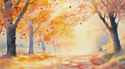 Wall Mural - Colorful autumn pathway illuminated by soft sunlight through vibrant trees in a serene landscape