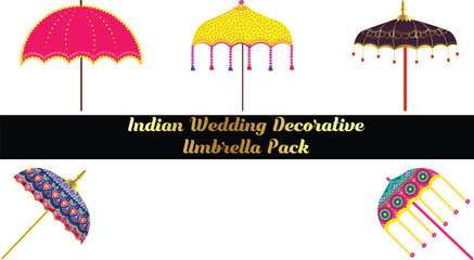 A set of ornate wedding umbrellas featuring traditional Indian designs, perfect for cultural and festive-themed projects.