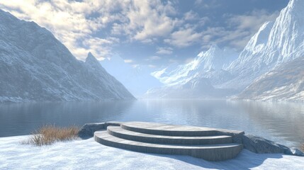 Poster - A pristine lake with shimmering waters and snow-covered mountains, providing a stunning natural backdrop for an empty showcase podium