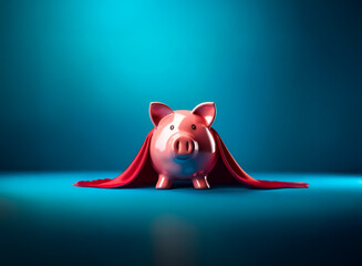 Poster - Pink piggy bank with a red cape on blue. Symbolizes superhero-like money saving, finance, and secure wealth management.