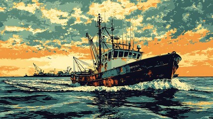 Wall Mural - Rustic Fishing Trawler at Sunset.