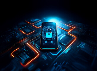 Poster - A smartphone displays a glowing padlock icon on its screen, symbolizing digital security. Neon blue and orange lights illuminate circuit patterns around the device in a futuristic style.
