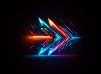 Poster - Vibrant neon arrows glow against a dark backdrop, pointing right.  Illuminated in blue, orange, and pink, they suggest speed and directionality.  Dynamic and modern design element.