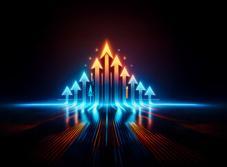 Poster - Glowing arrows ascend in vibrant blue and orange hues against a dark backdrop, symbolizing progress and forward motion with a neon light effect.