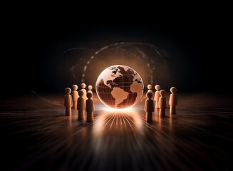Aufkleber - Illuminated globe in the center surrounded by people figures, creating a global community concept with a bright spotlight effect in a dark background.