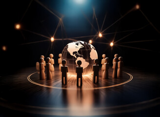 Poster - Wooden figures encircle a globe, light lines connecting them in a dark, illuminated scene. Conceptual image of global network and collaboration.