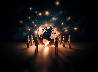 Fototapete - Illuminated globe encircled by figures, light beams radiate outwards in a dark setting, symbolizing worldwide connection and network.