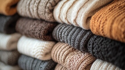 Fototapete - Colorful knitted sweaters in various textures are neatly stacked in a cozy boutique, inviting shoppers to explore the warmth and style of winter fashion. An autumn aesthetic permeates the space