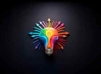 Aufkleber - A vibrant rainbow light bulb emits colorful arrows against a dark background, representing bright ideas, creative solutions, and innovative thinking.