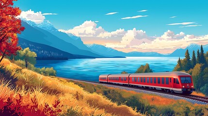 Wall Mural - Scenic Train Journey Through Autumnal Mountains and Lake.