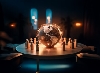 Aufkleber - A luminous globe rests on a table surrounded by wooden figures in a dimly lit room with blue and orange light accents.