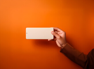 Aufkleber - Hand holds a rectangular device against a vibrant orange backdrop. The object is light colored and sleek, contrasting with the warm background. The hand is positioned on the right side of the frame.