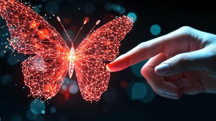 Poster - Futuristic interaction with digital butterfly hologram in motion