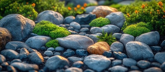 Aufkleber - Diverse assortment of smooth stones with greenery in a natural outdoor setting showcasing texture and color variations.