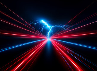 A striking lightning bolt pierces the darkness, radiating vibrant energy. Red and blue lines emanate outwards, creating a dynamic perspective and sense of intense speed.