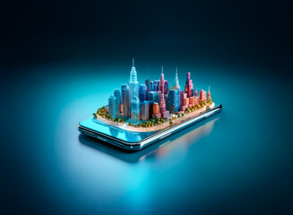 Poster - A vibrant miniature city rests atop a sleek mobile phone, bathed in a cool blue light.  Skyscrapers and colorful buildings create a futuristic urban landscape on a digital device.