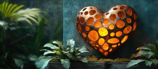 Aufkleber - Copper heart sculpture with glowing interior on green wall surrounded by plants creating a warm and inviting atmosphere.