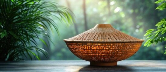 Aufkleber - Bamboo and palm leaf hat designed as an inverted basin lamp surrounded by lush greenery and soft natural lighting.