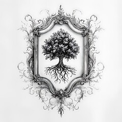 Wall Mural - Ornate Frame with Rooted Tree - Monochrome Artistic Illustration.