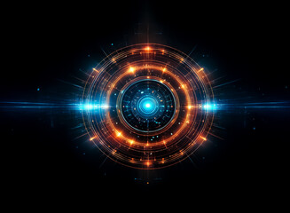 Poster - Abstract circular design with vibrant orange and blue lights on a black background. Luminous rings emanate energy in a futuristic, technological style, radiating outwards.