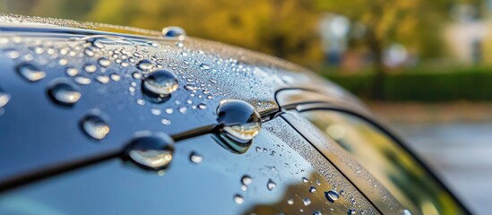 Aufkleber - water droplets on car glass surface reflecting nature in the background during a rainy day showcasin