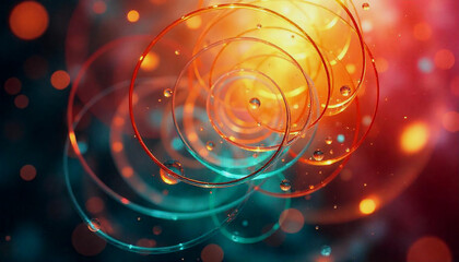 Fototapete - An abstract background filled with a multitude of overlapping rings and curved lines, bursting with vibrant colors like pink, blue, green, and orange. The design includes varying opacities, creating d