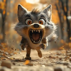 Fototapete - Whimsical 3d cartoon of nervous scared shabby wolf screaming and crying with a very frightened face runs frantically along the dirt road
