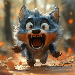 Poster - Whimsical 3d cartoon of nervous scared shabby wolf screaming and crying with a very frightened face runs frantically along the dirt road