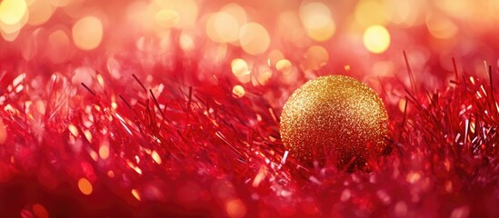 Aufkleber - Festive abstract background featuring red and gold tinsel with a golden ball creating a vibrant atmosphere ideal for holiday promotions and text space.