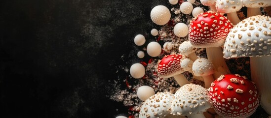 Poster - Cluster of white and red mushrooms in the wild with dark background and empty space for text or creative designs