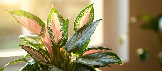 Sticker - Aglonema Sparkle plant with vibrant green and pink leaves bathed in sunlight creating a warm and inviting indoor atmosphere.