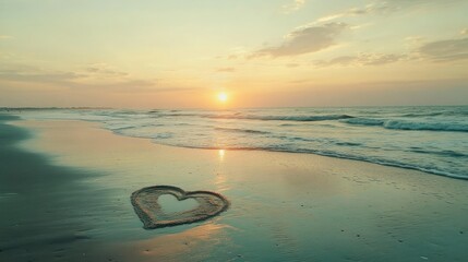 Poster - A serene sunset beach scene with a heart-shaped sand design in the foreground, calm waves and a soft sky adding to the tranquil atmosphere.