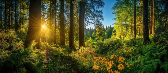 Poster - Lush forest landscape with sun rays filtering through trees and colorful wildflowers in a serene natural setting